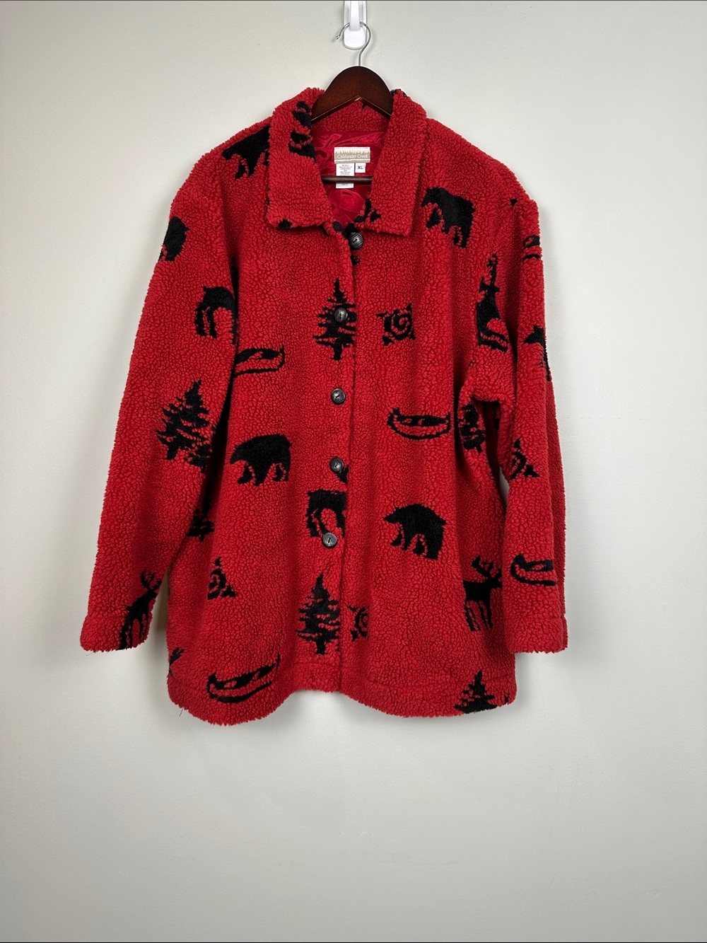 206. Coldwater Creek Sherpa like fleece jacket, northern bear theme burgundy.